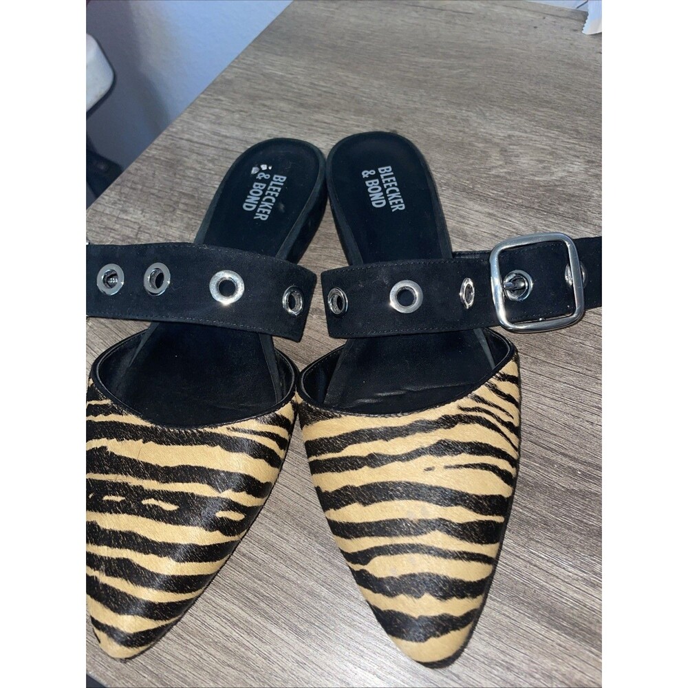 Bleecker & Bond Zada Leopard Print Leather Mule Flats Black Slip On Calf Hair 8M